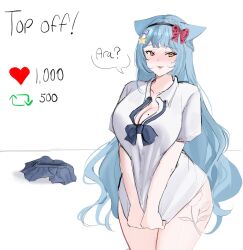 1girl 2024 bada_neko badaneko_art black_skirt blue_hair blush bottomless breasts cat_girl cleavage clothes_pull english_text flower_tattoo highres indie_virtual_youtuber large_breasts long_hair self-portrait shirt shirt_pull skirt solo strip_game tattoo undressing white_background white_shirt yellow_eyes