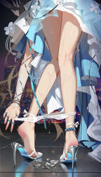  1girl absurdres amiya_(arknights) arknights bare_legs bent_over blue_dress clothes_pull dress from_behind high_heel_sandals highres huade_xiami jewelry leg_focus long_hair multiple_rings panties panty_pull ring solo sweat trembling underwear very_long_hair white_panties 