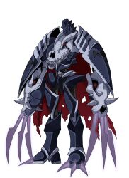 armor cape claws corruption digimon digimon_(creature) highres miragegaogamon oridigi red_cape red_eyes sharp_teeth shoulder_armor skull solo someguy944 teeth torn_cape torn_clothes