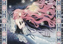  1girl bare_arms bare_shoulders black_dress black_hands black_skin black_veil blue_veil closed_eyes colored_extremities colored_skin dark_background dress floating_hair flower from_side gradient_skin hands_up ice long_hair monster_girl nautika_(reverse:1999) ocean pillarboxed pink_hair profile reverse:1999 sailing_ship solo sparkle strapless strapless_dress two-tone_veil upper_body veil very_long_hair watermark weibo_watermark white_flower zhuyingmiao 