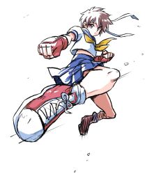  1girl ascot blue_sailor_collar blue_skirt brown_eyes brown_hair capcom converse female_focus fingerless_gloves gloves headband highres ikaringo_(ikaringo4444) kasugano_sakura looking_at_viewer matching_hair/eyes red_gloves sailor_collar school_uniform serafuku shoes short_hair skirt sneakers solo street_fighter street_fighter_zero_(series) white_background white_headband yellow_ascot 