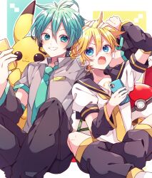  2boys arm_warmers bass_clef black_pants black_sailor_collar blonde_hair blue_background blue_hair blue_necktie blush border cellphone collared_shirt commentary_request double-parted_bangs feet_out_of_frame gen_1_pokemon grey_shirt grin hair_between_eyes hatsune_mikuo headset highres holding holding_phone kagamine_len kaho_0102 leg_warmers male_focus multiple_boys necktie nintendo open_mouth outline outside_border pants phone pikachu poke_ball pokemon sailor_collar shirt shoes short_hair short_sleeves sitting smartphone smile two-tone_background vocaloid white_border white_outline white_shirt white_shoes yellow_background yellow_necktie 