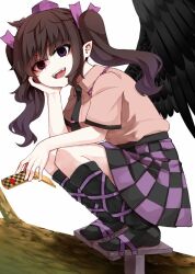  1girl :d black_necktie black_skirt black_socks black_wings brown_hair cellphone checkered_clothes checkered_skirt collared_shirt commentary fangs feathered_wings flip_phone full_body geta hat head_rest himekaidou_hatate holding holding_phone kneehighs long_hair looking_at_viewer necktie open_mouth phone pink_shirt purple_eyes purple_hat purple_ribbon purple_skirt ribbon shirt short_sleeves skirt smile socks solo squatting teeth tengu-geta tie_clip tokin_hat touhou twintails upper_teeth_only white_background wings zetsumame 