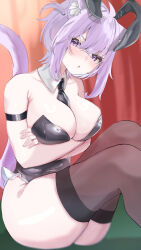  1girl :o absurdres alternate_costume animal_ear_fluff animal_ears black_leotard black_necktie black_thighhighs blush breasts cat_ears cat_girl cat_tail cleavage crossed_arms detached_collar fake_animal_ears highres hololive large_breasts leotard looking_at_viewer medium_hair necktie nekomata_okayu parted_lips playboy_bunny purple_eyes purple_hair rabbit_ears rove_(rove_204) sitting solo strapless strapless_leotard tail thick_thighs thighhighs thighs virtual_youtuber 