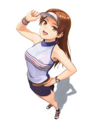  1girl :d brown_eyes brown_hair clap_hanz commentary_request earrings from_above full_body hand_on_own_hip highres jewelry long_hair looking_at_viewer miniskirt minna_no_golf nail_polish open_mouth pantyhose pencil_skirt shadow shirt simple_background skirt sleeveless sleeveless_shirt smile solo standing striped tantaka visor_cap watch white_background yukino_(minna_no_golf) 