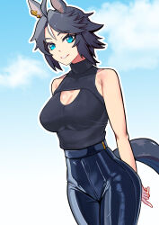  1girl absurdres ahoge alternate_costume animal_ears arms_behind_back bare_arms bare_shoulders belt black_hair black_pants black_sweater blue_eyes blue_sky breasts cell_(fu_cell) cleavage cleavage_cutout clothing_cutout cowboy_shot dutch_angle fuji_kiseki_(umamusume) highres horse_ears horse_girl horse_tail large_breasts looking_at_viewer multicolored_hair outline pants parted_bangs parted_lips short_hair sky sleeveless sleeveless_sweater smile solo sweater sweater_tucked_in tail turtleneck turtleneck_sweater two-tone_hair umamusume white_hair white_outline 