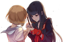  1000marie black_hair black_serafuku blue_eyes blue_sailor_collar bob_cut brown_hair duplicate gloves hime_cut kill_la_kill kiryuuin_satsuki long_hair mankanshoku_mako parted_lips pen pixel-perfect_duplicate red_gloves red_sailor_collar sailor_collar school_uniform senketsu serafuku short_hair simple_background white_background 