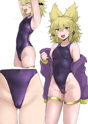  1girl absurdres armpits black_one-piece_swimsuit blonde_hair breasts competition_swimsuit covered_navel cowboy_shot earmuffs groin highleg highleg_one-piece_swimsuit highres ikeda_yamada jacket jacket_partially_removed messy_hair multiple_views one-piece_swimsuit open_clothes open_jacket pointy_hair purple_jacket short_hair simple_background small_breasts standing stretching swimsuit touhou toyosatomimi_no_miko white_background yellow_eyes  rating:Sensitive score:11 user:danbooru