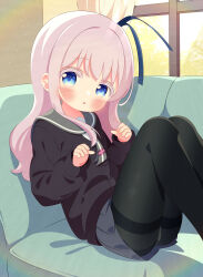  1girl black_cardigan black_pantyhose blue_eyes blue_ribbon blush cardigan couch grey_necktie grey_skirt hair_ribbon light_rays loli long_hair long_sleeves looking_at_viewer necktie on_couch open_mouth panties panties_under_pantyhose pantyhose pink_hair r245 rainbow ribbon school_uniform sengoku_kamuri shirt sitting skirt slow_start sunbeam sunlight tree underwear white_panties white_shirt window 