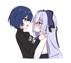  2girls asymmetrical_docking belle_(zenless_zone_zero) black_shirt blue_eyes blue_hair blush bow breast_press chirun0 commentary eye_contact from_side hair_bow long_hair long_sleeves looking_at_another mole mole_under_eye multiple_girls open_mouth parted_lips profile purple_bow purple_hair shirt short_hair simple_background sweatdrop vivian_(zenless_zone_zero) white_background white_shirt yuri zenless_zone_zero 