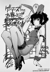  1girl absurdres animal_ears ass bags_under_eyes black_eyes black_lagoon bow bowtie breasts chainsaw ear_piercing frederica_sawyer greyscale half-closed_eyes high_heels highres hiroe_rei leotard medium_breasts monochrome piercing playboy_bunny power_tool rabbit_ears rabbit_tail scar scar_on_neck short_hair sideboob sketch solo tail  rating:General score:29 user:chopblock