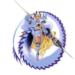  1girl absurdly_long_hair arm_armor armor blonde_hair blue_horns blue_nails breastplate breasts cape chin_piercing crop_top dragon_girl dragon_tail face_piercing facial_mark fate/grand_order fate_(series) full_body fur_cape game_cg gauntlets grin hair_ornament hand_up highres holding holding_behind_back holding_polearm holding_polearm_behind_back holding_weapon holding_weapon_behind_back horns la-na leg_armor legs_together long_hair long_sidelocks long_tail looking_at_viewer midriff miniskirt navel official_art outstretched_arm piercing polearm scales sidelocks single_sidelock skirt smile solo tachi-e tail teeth third-party_source toeless_legwear toenails toes transparent_background very_long_hair very_long_sidelocks vritra_(fate) vritra_(third_ascension)_(fate) weapon white_armor white_cape white_skirt yellow_eyes 
