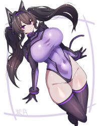  1girl absurdres animal_ears boots borrowed_character breasts brown_hair cat_ears covered_navel full_body highleg highleg_leotard highres impossible_clothes large_breasts leotard long_hair looking_at_viewer natsukaze_shigure original purple_eyes skin_tight solo thigh_boots twintails 