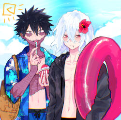  2boys anoko_(darenokoanoko) bags_under_eyes black_hair black_jacket blue_eyes blue_jacket blue_shorts blue_sky boku_no_hero_academia burn_scar closed_mouth cloud collarbone commentary_request cup dabi_(boku_no_hero_academia) day double-parted_bangs ear_piercing fang fingernails flower food hair_between_eyes hair_flower hair_ornament hand_up holding holding_cup holding_spoon holding_swim_ring innertube jacket licking licking_object light_particles lily_(flower) long_bangs long_sleeves looking_at_viewer male_focus male_swimwear medium_hair multiple_boys navel open_clothes open_jacket open_mouth outdoors piercing pink_innertube red_eyes red_flower scar scar_across_eye scar_on_arm scar_on_chest scar_on_face scar_on_neck shaved_ice shigaraki_tomura short_hair shorts sidelocks sky spiked_hair spoon stitches summer sun_symbol sunlight swim_ring swim_trunks teeth tongue tongue_out upper_body upper_teeth_only watermark white_hair wrinkled_skin 
