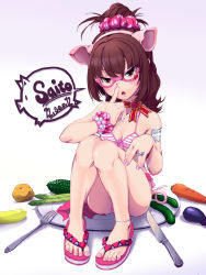  1girl animal_ears anklet asparagus bad_id bad_pixiv_id bikini breasts brown_eyes brown_hair carrot covered_erect_nipples cucumber eggplant fake_animal_ears fake_tail feet female_focus flip-flops fork front-tie_top glasses jewelry knife long_hair looking_at_viewer nail_polish original pig pig_ears pig_girl pink-framed_eyewear ponytail saitou_teikoku sandals shiny_skin sitting small_breasts solo swimsuit tail toenail_polish toenails toes  rating:Sensitive score:96 user:danbooru