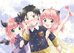  1boy 2girls :o anya_(spy_x_family) black_dress black_hair black_shirt blush child damian_desmond demon_horns dress eden_academy_school_uniform fake_horns green_eyes hair_between_eyes hair_ornament hairpods heart holding horns long_hair long_sleeves maekawa_suu medium_hair multiple_girls open_mouth pink_hair school_uniform shirt short_hair smile spy_x_family yellow_dress yellow_eyes 