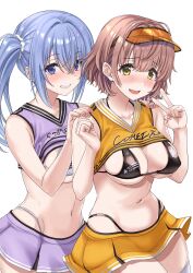  2girls absurdres alternate_breast_size_(larger) bare_shoulders bikini blue_hair blush breasts brown_hair cheerleader crop_top crop_top_overhang embarrassed high-waist_panties highres idolmaster idolmaster_shiny_colors ikuta_haruki large_breasts looking_at_viewer medium_hair micro_bikini midriff miniskirt multiple_girls navel nose_blush one_side_up pleated_skirt sengoku_aky shirt short_hair side_ponytail simple_background skirt sleeveless sleeveless_shirt smile stomach suzuki_hana swimsuit v visor_cap white_background white_bikini 