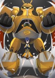 1girl absurdres bangboo_(zenless_zone_zero) belle_(delicate_sunlight)_(zenless_zone_zero) belle_(zenless_zone_zero) blue_hair corsa_24 cross crossed_bangs dress dress_over_shirt earrings eous_(zenless_zone_zero) green_eyes gunbuster_pose hair_ornament high_heels highres jewelry letter_hair_ornament long_sleeves mecha orange_dress pantyhose robot single_earring smile standing white_pantyhose zenless_zone_zero
