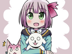 1girl ^^^ blush character_request dog female_focus green_eyes hair_ribbon hamo_(dog) jacket looking_at_viewer minami_(colorful_palette) o_o open_mouth pink_hair raramagi ribbon short_hair smile solo upper_body 