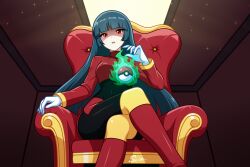  1girl blue_hair blunt_bangs bodystocking bodysuit bodysuit_under_clothes boots breasts chair cropped_jacket crossed_legs floating floating_object gloves highres jacket knee_boots long_hair long_sleeves medium_breasts nintendo on_chair pencil_skirt poke_ball poke_ball_(basic) pokemon pokemon_frlg red_boots red_eyes red_jacket red_skirt sabrina_(pokemon) shaded_face sitting skirt solo straight_hair su1zide telekinesis turtleneck turtleneck_jacket white_gloves 