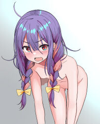 1girl absurdres ahoge bare_arms blush bow braid breasts collarbone completely_nude cowboy_shot female_pubic_hair gluteal_fold gradient_background hair_between_eyes hair_bow hair_over_shoulder highres leaning_forward long_hair looking_at_viewer lower_teeth_only messy_hair multicolored_hair navel nipples nude open_mouth original pubic_hair purple_hair red_eyes sidelocks small_breasts solo striped_bow teeth thigh_gap twin_braids two-tone_hair urushiushiru v-shaped_eyebrows yellow_bow rating:Questionable score:66 user:Sir_Cumalot