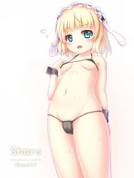 1girl animal_ears arisu_kazumi bikini black_bikini blonde_hair blue_eyes blush breasts cleft_of_venus female_focus gochuumon_wa_usagi_desu_ka? groin hairband highres kirima_syaro looking_at_viewer micro_bikini navel open_mouth rabbit_ears short_hair small_breasts solo sweat swimsuit twitter_username underboob wrist_cuffs rating:Questionable score:47 user:danbooru
