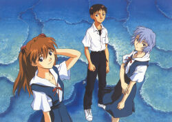  1boy 2girls ayanami_rei blue_hair hair_between_eyes highres ikari_shinji multiple_girls neon_genesis_evangelion official_art orange_hair red_eyes sadamoto_yoshiyuki school_uniform short_hair smile souryuu_asuka_langley tokyo-3_middle_school_uniform 