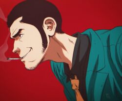  1boy arsene_lupin_iii black_hair black_skirt blue_jacket cigarette collared_shirt david_tako facial_hair from_side goatee_stubble highres jacket lapels leaning_forward loose_necktie lupin_iii male_focus necktie notched_lapels orange_necktie red_background shirt short_hair sideburns signature simple_background skirt smile smoke smoking stubble upper_body very_short_hair wing_collar 