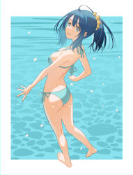  1girl absurdres ahoge ass bare_arms bare_legs barefoot bikini blue_bikini blue_eyes blue_hair border breasts commentary_request dimples_of_venus feet from_side hair_between_eyes hair_ornament hair_scrunchie highres large_breasts looking_at_viewer make_heroine_ga_oo_sugiru! ocean open_mouth outside_border pananother ponytail scrunchie side-tie_bikini_bottom smile solo standing swimsuit toes water white_border yanami_anna yellow_scrunchie 