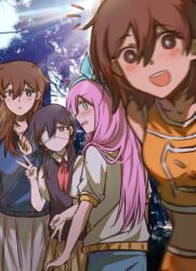  4girls :d ? absurdres aubrey_(faraway)_(omori) aubrey_(omori) bailan1130 bare_arms bare_shoulders black_eyes black_hair black_sweater_vest blue_eyes blue_hairband blue_sweater blurry blurry_foreground blush bow_hairband breasts bright_pupils brown_eyes brown_hair closed_mouth collarbone collared_shirt cowboy_shot day double-parted_bangs double_v genderswap genderswap_(mtf) hair_behind_ear hair_between_eyes hair_ornament hairband hairclip hero_(faraway)_(omori) hero_(omori) highres kel_(faraway)_(omori) kel_(omori) long_hair long_sleeves looking_at_viewer looking_back low_twintails medium_breasts medium_hair multiple_boys multiple_girls no_sclera notice_lines omori open_mouth orange_tank_top outdoors pants photo_background pink_hair profile puffy_long_sleeves puffy_sleeves shirt short_hair short_sleeves short_twintails siblings sisters smile spoilers standing sunny_(omori) sweatdrop sweater sweater_vest tank_top teeth tree twintails upper_body upper_teeth_only v v-neck white_pupils white_shirt white_trim 