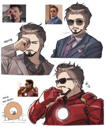  1boy absurdres animification arc_reactor armor black-framed_eyewear black_eyes black_jacket black_shirt brown_hair chjjlold clenched_hand closed_eyes closed_mouth collared_shirt commentary_request derivative_work donut eating facial_hair food grey_jacket grey_shirt hand_up highres holding holding_donut holding_food iron_man iron_man_(series) iron_man_2 jacket korean_commentary lapels long_sleeves male_focus marvel marvel_cinematic_universe multiple_views necktie open_clothes open_jacket open_mouth power_armor purple_necktie red_armor robert_downey_jr. screenshot_redraw shirt short_hair simple_background sitting smile striped_necktie suit_jacket sunglasses superhero_costume tony_stark upper_body white-framed_eyewear white_background 