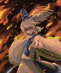  1girl blue_hat commentary_request cowboy_shot embers faceless faceless_female fire hat high_ponytail highres holding holding_sword holding_weapon japanese_clothes kariginu mononobe_no_futo pom_pom_(clothes) ponytail reaching reaching_towards_viewer ribbon-trimmed_sleeves ribbon_trim ritsuzou robe solo sword tate_eboshi touhou weapon white_hair white_robe 