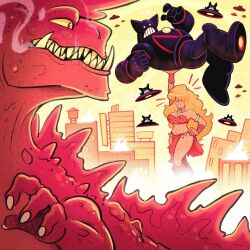  1girl battle black_metal bra breasts building claws commentary destruction english_commentary fire flying_saucer giant giant_monster giantess highres holding jewelry kaiju large_breasts lifting_object long_hair mecha monster monster_focus mostlyghostly necklace open_mouth original red_bra red_nails reptile reptilian robot scales sharp_teeth size_difference skull_necklace smile spacecraft spines teeth underwear 