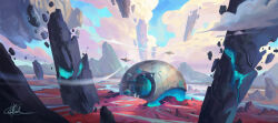  blue_sky chinnkun cloud floating_rock landscape mountain mountainous_horizon original painterly red_grass river rock science_fiction signature sky spacecraft watermark 
