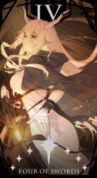  1girl absurdres arknights backless_dress backless_outfit bandaged_hand bandages black_cape bracelet breasts cape capelet card_(medium) commentary dress english_commentary feet_out_of_frame floating_hair glowing glowing_sword glowing_weapon gradient_background hair_between_eyes highres holding holding_sword holding_weapon hood hood_down hooded_capelet horns jewelry kotatsu_kaya large_breasts lens_flare light_particles long_hair minor_arcana_(tarot) necklace pointy_ears red_eyes reverse_grip sheath shining_(arknights) solo sparks sword sword_necklace tarot torn_cape torn_clothes unsheathing weapon white_dress white_hair yellow_background zipper_pull_tab 