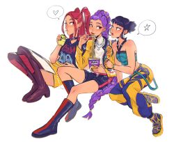  3girls black_hair boots braid brown_eyes chewing chopsticks closed_mouth crop_top cup cup_ramen disposable_cup double_bun drinking drinking_straw eating food friends hair_bun hair_up head_tilt heart highres holding holding_chopsticks holding_food jacket jewelry kpop_demon_hunters leaning_back leaning_on_person leaning_to_the_side long_braid long_hair long_sleeves looking_at_another looking_to_the_side luchijjk makeup mira_(kpop_demon_hunters) multiple_girls necklace noodles open_clothes open_jacket pants parted_bangs purple_hair red_hair red_lips rumi_(kpop_demon_hunters) short_bangs short_sleeves simple_background single_braid sitting skirt sleeveless snack spoken_heart spoken_star star_(symbol) stomach thick_lips thigh_boots twintails white_background zoey_(kpop_demon_hunters) 