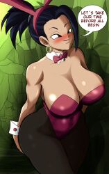  1girl animal_costume black_hair blush breasts dragon_ball dragon_ball_super guyvanity kale_(dragon_ball) large_breasts rabbit_costume rabbit_ears smile 