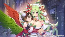  2girls angel_wings bare_shoulders black_hair blush bob_cut botticelli_(girls_creation) bow breasts cezanne_(girls_creation) christmas christmas_ornaments christmas_tree cleavage closed_mouth copyright_name copyright_notice detached_sleeves dress earrings girls_creation green_hair hair_bow hair_ornament hair_ribbon headpat hug huge_breasts jewelry large_breasts long_hair merry_christmas multicolored_hair multiple_girls nauribon night one_eye_closed purple_eyes red_hair ribbon santa_costume santa_dress short_hair skirt smile snow standing streaked_hair stuffed_animal stuffed_toy teddy_bear town tsurime upper_body wings yellow_eyes 