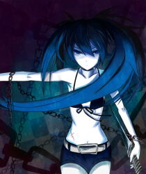  1girl belt bikini black_rock_shooter black_rock_shooter_(character) black_shorts blue_eyes blue_hair chain front-tie_bikini_top front-tie_top long_hair no_shirt pale_skin scar shorts swimsuit sword twintails uneven_twintails weapon yaohang 