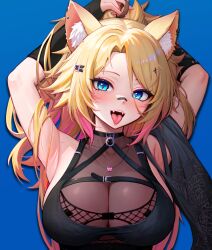 1girl absurdres animal_ear_fluff animal_ears armpits arms_up bandaid bandaid_on_face bandaid_on_nose belt black_belt black_sleeves blonde_hair blue_background blue_eyes breasts cat_ears cat_girl cat_necklace chest_belt cleavage clickdraws collarbone commission earrings fangs fishnets gradient_hair hair_ornament heart heart_in_eye highres indie_virtual_youtuber jewelry large_breasts long_hair multicolored_hair obkatiekat obkatiekat_(2nd_costume) pink_hair pink_nails ponytail see-through_cleavage see-through_clothes symbol_in_eye tongue upper_body virtual_youtuber rating:Sensitive score:67 user:danbooru