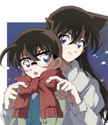  1boy 1girl :o age_difference black_hair blue_eyes blue_vest brown_hair closed_mouth coat edogawa_conan grey_coat height_difference long_hair long_sleeves looking_at_viewer meitantei_conan mouri_ran na_cat1111 open_mouth over-rim_eyewear purple_eyes red_scarf scarf semi-rimless_eyewear short_hair upper_body vest winter_clothes winter_coat 