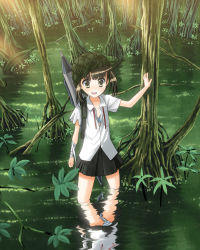 1girl against_tree bandages brown_eyes brown_hair female_focus helmet nature okina_ika open_mouth original panties pantyshot reflection reflective_water skirt solo striped_clothes striped_panties tree twintails underwear upskirt wading water weapon wetland rating:Sensitive score:12 user:danbooru