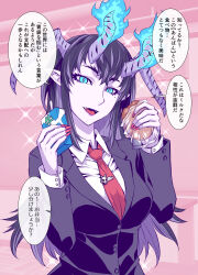  1girl absurdres black_hair black_jacket blazer blue_eyes bread breasts collared_shirt commentary crossed_arms demon_girl demon_horns fangs fingernails food hellfire highres horns jacket large_breasts long_fingernails long_hair long_sleeves looking_at_viewer melon_bread milk necktie open_mouth original pointy_ears red_necktie school school_uniform shirt solo tatsubon translated white_shirt 