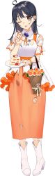 1girl ahoge alternate_costume animal black_hair boots brown_eyes bucket burnt_clothes cake cake_slice drew_(drew213g) elbow_carry flower food full_body holding holding_plant kantai_collection long_hair neck_flower official_art one_eye_closed open_mouth orange_flower orange_rose orange_skirt pansy pet pigeon-toed plant purple_flower purple_pansy rose short_sleeves skirt smile solo strawberry_shortcake tachi-e transparent_background ushio_(12th_anniversary)_(kancolle) ushio_(kancolle) v white_boots white_flower wristband 