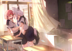  2girls ahoge animal_ear_fluff animal_ears blue_neckerchief blue_skirt blush braid breasts chair classroom commentary_request curtains desk earrings fox_ears fox_girl fox_tail green_eyes hair_between_eyes hololive imo_bouya indoors jewelry leaning_back leaning_forward long_hair looking_at_another multiple_girls neckerchief pink_hair pleated_skirt sakura_miko school_chair school_desk school_uniform serafuku shirakami_fubuki short_sleeves sidelocks single_braid skirt small_breasts tail virtual_youtuber white_hair white_serafuku window yuri 