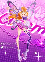  1girl ahoge alternate_costume aqua_eyes arms_behind_back bad_id bad_twitter_id bare_shoulders believix belt bloom_(winx_club) boots braid chain_belt character_name chocofish commentary crop_top crown_braid dark_bloom_(winx_club) detached_sleeves english_commentary eyelashes eyeshadow fairy fairy_wings fingerless_gloves fishnet_sleeves fishnets floating_hair frilled_thighhighs frills full_body gloves gradient_background hair_between_eyes halftone halftone_background happy high_heel_boots high_heels highres instagram_username lipstick long_hair long_hair_between_eyes magical_girl makeup midriff miniskirt navel orange_hair outline parted_lips pink_background pink_skirt pink_wings plaid_clothes plaid_skirt pleated_skirt pun purple_background purple_boots purple_eyeshadow purple_gloves purple_lips purple_shirt purple_shorts purple_sleeves purple_thighhighs ribbed_thighhighs shirt short_shorts shorts shorts_under_skirt side_slit single_braid skirt skull smile solo sparkle standing thigh_belt thigh_strap thighhighs twitter_username very_long_hair watermark white_outline wings winx_club zoom_layer 