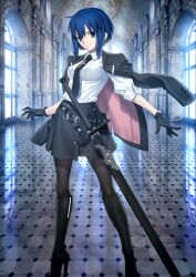  1girl ahoge belt black_boots black_gloves black_jacket black_necktie black_skirt blazer blue_hair boots breasts c.i.e.l_(fate) c.i.e.l_(second_ascension)_(fate) ciel_(tsukihime) closed_mouth collared_shirt contrapposto cross fate/grand_order fate_(series) floating_clothes frown full_body game_cg gloves hand_up high_heel_boots high_heels impossible_clothes impossible_shirt indoors jacket jacket_on_shoulders knee_boots lapels latin_cross legs_apart looking_at_viewer medium_breasts miniskirt necktie notched_lapels official_art outstretched_arm pantyhose sheath sheathed shirt shirt_tucked_in short_hair skirt solo standing takeuchi_takashi third-party_source three-quarter_sleeves v-shaped_eyebrows variant_set white_shirt wing_collar 