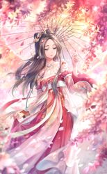  1girl artist_request blue_eyes bow-shaped_hair brown_hair chinese_clothes closed_mouth cloud_and_flower_(shining_nikki) collarbone detached_sleeves feet_out_of_frame floating_clothes floating_hair floral_print flower forehead frilled_hanfu game_cg hair_ornament hairpin half-closed_eyes hand_up hanfu happy highres holding holding_petal holding_umbrella jewelry lipstick long_hair long_sidelocks long_sleeves makeup necklace nikki_(series) official_art oil-paper_umbrella outdoors petals purple_flower qing_yumo red_hanfu red_lips red_ribbon red_sleeves ribbon shining_nikki sidelocks sleeveless sleeveless_hanfu smile solo spring_(season) standing sunset tassel tassel_hair_ornament umbrella umbrella_over_shoulder white_umbrella wide_sleeves wind wisteria 