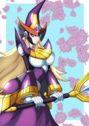  1girl absurdres android arm_guards armor berkana_(mega_man) blonde_hair blue_eyes breastplate breasts capcom chest_jewel dress floral_background flower gauntlets gloves hat headphones helmet highres holding holding_staff jeweled_hat joints kotatuman_dash large_breasts light_smile long_dress long_hair looking_at_viewer looking_to_the_side mega_man_(series) mega_man_x_(series) mega_man_xtreme_2 plate_armor purple_dress purple_flower purple_rose robot robot_girl robot_joints rose shoulder_armor shoulder_spikes sidelocks smile spikes staff turtleneck two-tone_background vambraces white_gloves witch witch_hat 