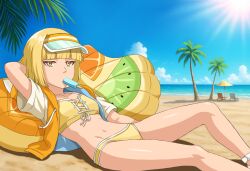  1girl alternate_costume arm_at_side arm_behind_head b_eaka bare_legs beach bikini bleach bleach:_sennen_kessen-hen blue_sky blunt_bangs blunt_ends bob_cut breasts commentary_request day feet_out_of_frame food food_in_mouth knee_up liltotto_lamperd looking_at_viewer lying navel ocean on_back outdoors palm_leaf palm_tree popsicle popsicle_in_mouth relaxing short_hair sky small_breasts solo stomach sunlight swimsuit tree tsurime visor_cap yellow_bikini yellow_eyes 